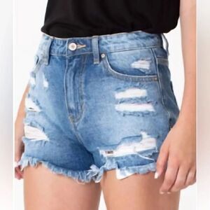 KanCan Pastel/rainbow Thread High Rise Distressed Cotton Frayed Hem Denim Shorts